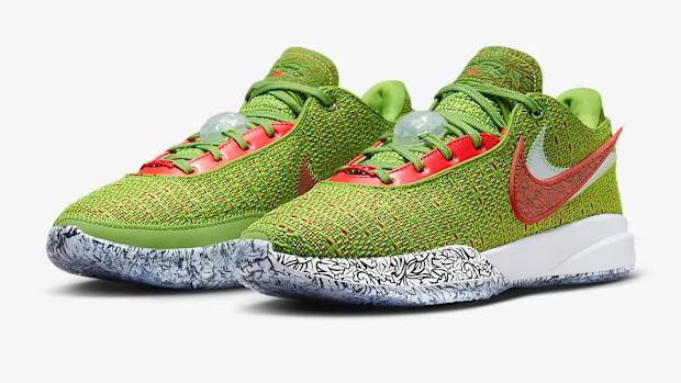 View of green and red Nike LeBron shoes.